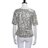 Blouses Femmes Femmes Chemise douce Sparkling Sequin Demi-manche pour Party Prom Cocktail Respirant O Cou Blouse Lâche En Solide