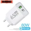 Mobiltelefonladdare GAN Snabb laddning 65W USB -laddare PD Typ C Wall Charger för Huawei Samsung Mobiltelefonadapter Snabbladdare 3.0