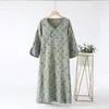 Women's Sleepwear Spring Chinese Style Slanted Front Sleep Dress Pure Cotton Jacquard 3/4 Sleeves Sleepshirts Thin Pan Button Nightgowns