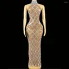 Stage Wear Sexy Rhinestone Sequins Dress Evening Prom Birthday Transparent Performance Singer Club Host