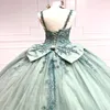 Robe De Quinceanera vert clair avec nœud en dentelle, perles appliquées, tulle, paillettes, mexicain, doux, 16 robes De XV 15 Anos