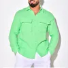 2024 Nya europeiska och amerikanska herrskjortor Bomull Linen Cardigan Front Pocket Men's Clothing