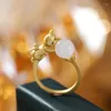 Cluster Rings Original Ancient Gold Craftsmanship Inlaid Natural Hetian Jade Round Beads Kitten Ladies Ring Opening Exquisite Jewelry