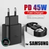 Mobiltelefonladdare PD 45W Super Fast Charger för Samsung Galaxy S23 Ultra S22 Notera 20 10 Plus Cargador USB Type C Snabb laddningsladdningsladdning Telefonkabel