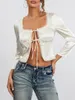 Women's T Shirts Wsevypo French Elegant Silk Satin 2024 Chic Spring 3/4 Sleeve Lace Trim Tie Up Front Cropped Cardigans Fashion Crop Tops