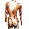 Stage Wear Luxo Glisten Strass Pérolas Mulheres Bodysuit Marrom Skinny Stretch Macacões Pole Dancing Macacão Nightclub Trajes