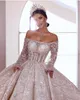 Luxurious Ball Gown Wedding Dresses Off Shoulder Long Sleeves Sequins Appliques Lace Robe De Mariee Custom Made Lace-Up Back Sweep Train Bride