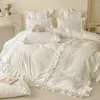 Bedding Sets Cream White Korean Style Princess Ruffles Set Solid Color Duvet Cover Bed Sheet Pillowcases Girls Wedding Home Textiles