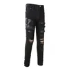 Man Black Skinny Jeans With Snake Embroidery Patches Leather Knee