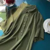 Blusas femininas 2024 primavera e verão lapela de manga curta três botões exército verde seda feminina camisa casual topo