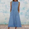 Casual Dresses Stylish Summer Dress Large Hem Sleeveless Skin-Touch Solid Color Women Midi Denim