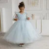 Vestidos de menina elegante azul claro com costas em v manga comprida tule vestido flor inchado para casamento criança primeira festa de aniversário eucarística