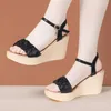 Sandals 8cm Small Size 32-43 Comfortable Pleated Soft Leather Shoes Women's Platform 2024 Med Heels Wedges Beach Office