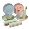 Dinnerware Sets Outdoor Camping Cutlery Drinking Cup Wheat Platycodon Bowl Plate Set Plastic Portable Fork Spoon Small Teal Table