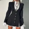 Casual Dresses Solid Slim Two Piece Shirt Dress Women Fashion Long Sleeve V-Neck Patchwork Mini Lady Elegant Single Breasted