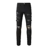 Man Black Skinny Jeans With Snake Embroidery Patches Leather Knee