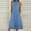 Casual Dresses Stylish Summer Dress Large Hem Sleeveless Skin-Touch Solid Color Women Midi Denim