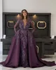 Fantasia roxo vestido de noite pura pescoço jóia rendas apliques vestidos de baile com overskirts vestidos de festa de manga longa feito sob encomenda