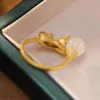Cluster Rings Original Ancient Gold Craftsmanship Inlaid Natural Hetian Jade Round Beads Kitten Ladies Ring Opening Exquisite Jewelry
