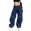 Pantalones para mujer Y2K Harajuku Baggy Cargo Multi-Bolsillo Ajuste relajado Pierna ancha Cremallera Jeans lavados Pantalones Grunge Streetwear