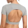 Camiseta feminina sem costas, top esportivo com almofada no peito destacável, roupa fitness casual com gola redonda