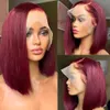 13x4 99J court Bob perruque cheveux humains couleur rouge foncé bordeaux pleine frontale Bob perruques coupe émoussée os droit avant pour femme noire