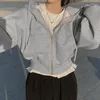 Sweats à capuche pour femmes 2024 automne rétro couleur unie zippé surdimensionné sweats à capuche femmes harajuku version coréenne à manches longues manteau court