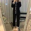 Running set Black Pyjamas Women's Autumn Winter Korean version Instagram spetsar söt mjuk bekväm långärmad byxor