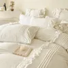 Bedding Sets Cream White Korean Style Princess Ruffles Set Solid Color Duvet Cover Bed Sheet Pillowcases Girls Wedding Home Textiles