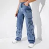 Damen-Jeans, Arbeit, weiblich, T-Shirt, hohe Taille, Klappentasche, lockere Passform, Denim-Hosen, Damen-Kleid, lässig, Blau