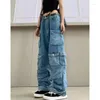 Pantalones para mujer Y2K Harajuku Baggy Cargo Multi-Bolsillo Ajuste relajado Pierna ancha Cremallera Jeans lavados Pantalones Grunge Streetwear