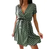 Vestidos casuais manga curta impresso polka dot lace up vestido mulheres verão midi comprimento