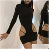 Grundlegende Casual Kleider Casual Kleider Frau Frühling Herbst Bodycon Mini Kleid Kleidung Ausschnitt Lange Ärmel Y Streetwear Party Weibliche Wo Dhr4X