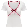 女性用TシャツセクシーなレトロレッドボウカラーホワイトTシャツVネックスリムショートスリーブトップサマースリーブ韓国ループフェミニナ