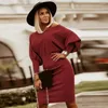 Lässige Kleider, langärmelig, Midi-Kleid, stilvoll, Damenstrick, elegant, Herbst-Winter-Pullover, O-Ausschnitt, Batwing, einfarbig, hüftumwickelt