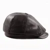 Berets outono inverno genuíno couro de vaca boina para homens rebite vestido bewsboy retro chapéu preto de alta qualidade luxo octogonal pintor