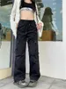 Kadınlar pantolon Amerikan retro yüksek bel dantel yukarı siyah gündelik bahar sonbahar stili kadın gevşek geniş bacak pantolon