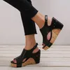 Dress Shoes Wedge Heel Sandals Ladies High Fish Mouth Wild Hand-Sewn Pumps Retro Artificial Leather Fashion Rivet Women's Black