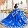 Königsblaue Quinceanera-Kleider 2024, schulterfrei, Tier-Ballkleid, süßes 15-Kleid, Gott-Spitzenapplikation, Perlenkorsett, Vestidos de 16 Anos 326 326