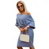 Casual Dresses Long Sleeve Midi Dress Stylish Women's Knit Elegant Autumn Winter Pullover O-neck Batwing Solid Color Hip Wrapped