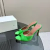 Sandálias Amina Muaddi 105mm Satin Mules Slipper Steletto High Sandals Sandals Feminino Designer Transparente de Luxo Aberto do Poe Aberto