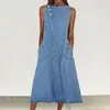Casual Dresses Stylish Summer Dress Large Hem Sleeveless Skin-Touch Solid Color Women Midi Denim