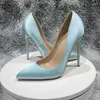 Sapatos de vestido Sexy Mulheres Cetim Seda Alto Salto 12cm Estreito Apontado Luz Azul Verde Casamento