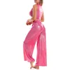 Pantalon de deux pièces pour femmes Femmes Pièces brillantes Costume Danse Yoga Tenues O Cou Sans Manches Haut Court Avec Lâche Taille Haute Jambe Large