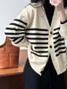 Новый зимний полосатый свитер высокого класса с V-образным вырезом в стиле пэчворк, кардиган-свитер и дизайнерская куртка