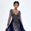 Robes de soirée Sexy Diamants Strass À Manches Longues Sirène Bleu Foncé Soirée De Bal Avec Jupe Robes Para Mujer Elegantes Y Bonitos