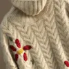 Maglioni da donna TPJB Maglione dolcevita in lana con ricamo floreale Autunno Inverno Pullover morbido twist Donna Maglieria in cashmere rosso Natale