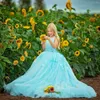 Vestidos de menina luz céu azul flor até o chão princesa crianças bebê meninas primeiro vestido de aniversário para festa de casamento