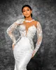 Classic Mermaid Wedding Dresses Lace O Neck Bridal Gowns Pearls Long Sleeve Bride Dresses Sweep Floor Length Custom Made