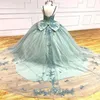 Robe De Quinceanera vert clair avec nœud en dentelle, perles appliquées, tulle, paillettes, mexicain, doux, 16 robes De XV 15 Anos